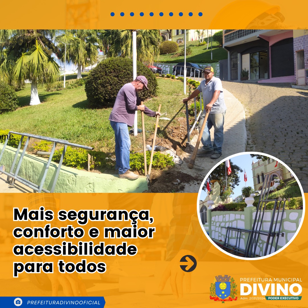 A Prefeitura de Divino está instalando corrimãos ao longo da calçada em frente a Igreja Matriz