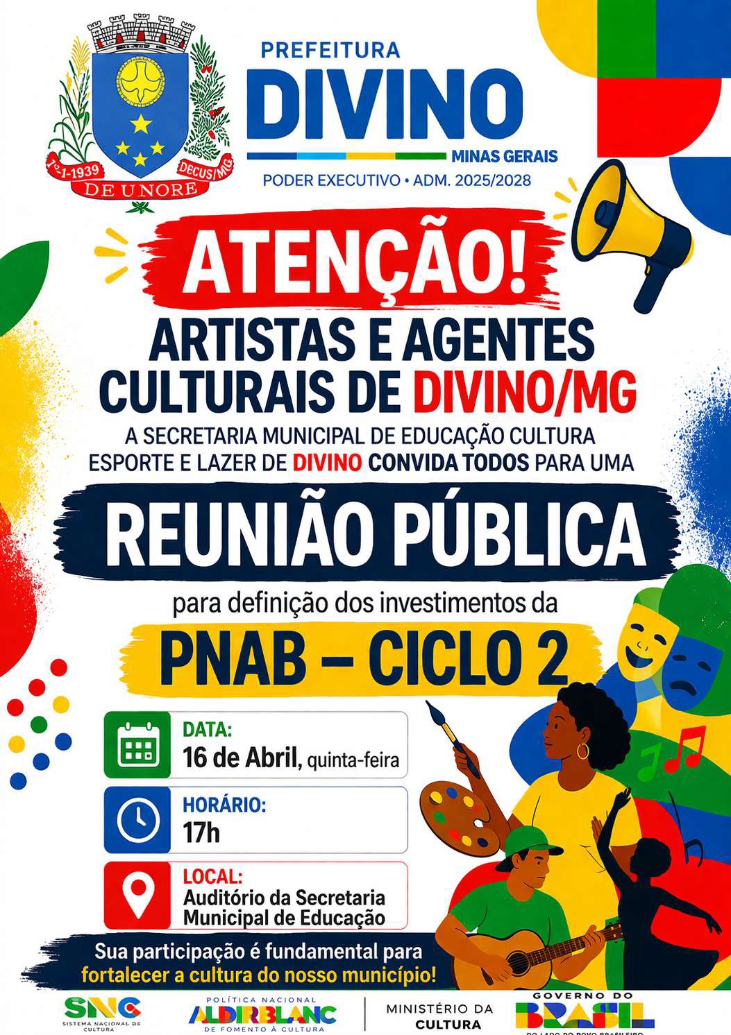 Prefeitura de Divino convoca artistas e agentes culturais para reunião pública sobre a PNAB – Ciclo 2